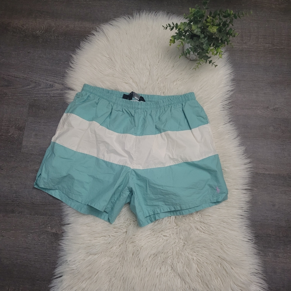 Mens 1990's teal with white stripe Polo swim trunks size XL
